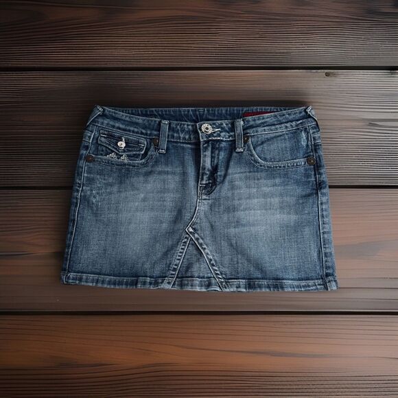 Vigoss Denim Mini Skirt 11 (32x13.5) Blue Distress Embroidered Stretch Juniors - Picture 1 of 7